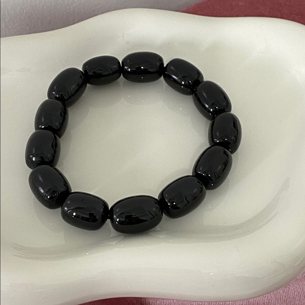 Polished Black Obsidian Barrel Bead Stretch Bracelet – Minimalist Protective